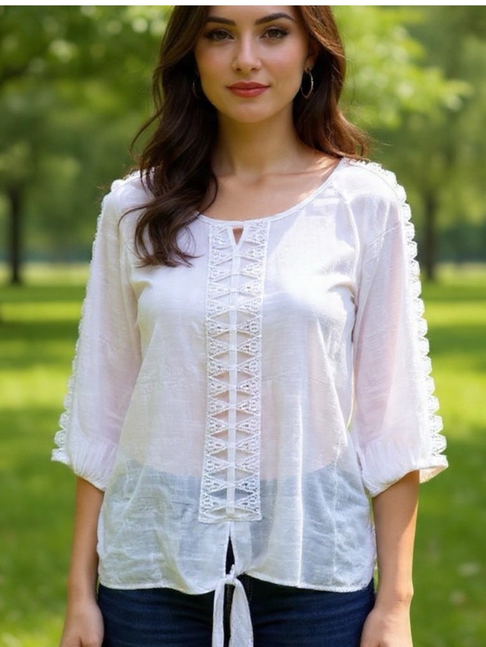 Fyve Ivory Crochet-Trim Tie-Front Tunic Top/blouse size L
